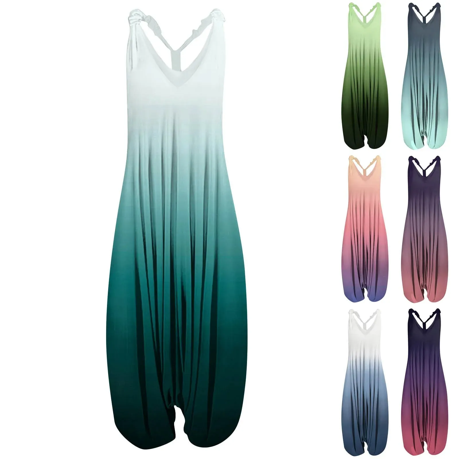 V Neck Women Jumpsuit Ethnic Style Gradient Print Patchwork Streetwear All Match Sling Harem Loose Jumpsuit For Party 2024